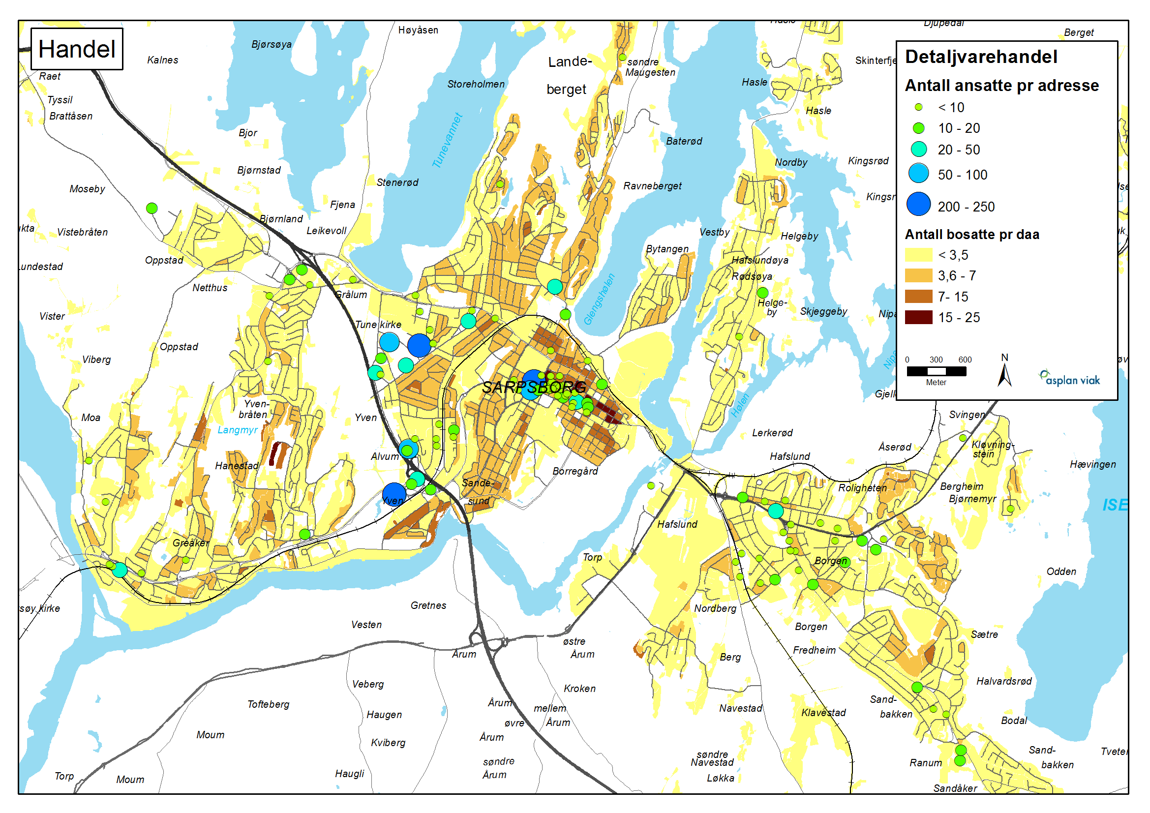 Hvordan skal Sarpsborg vokse rapport 31 Rene dagligvarebutikker (mindre enn 3000m 2 ) og nærsentre som retter seg mot et lokalt marked bør kunne etableres i boligområdene så sant det er marked for