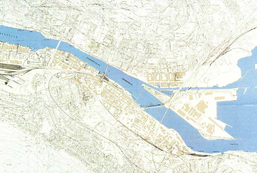 Figur 6. Forslag til oversiktsplan i følge 1. premieutkastet Civitas Drammensia i idékonkurransen Drømmen om Drammen. Norske Arkitektkonkurranser nr 283, 1988.