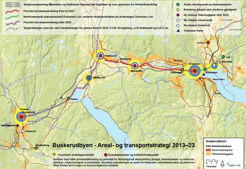 Figur 12. Buskerudbyen omfatter alle kommunene fra Lier i øst til Kongsberg i vest, som er enige om en felles strategi for arealbruk og transport i perioden 2013 2023.