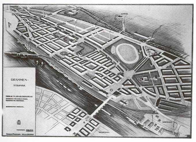 Figur 16. Sverre Pedersens planforslag i 1935 for utviklingen av Strømsø [Kilde: Drammen kommune} møtet eller mandagsmøtet var en arbeidsform som etter hvert overlevde seg selv.