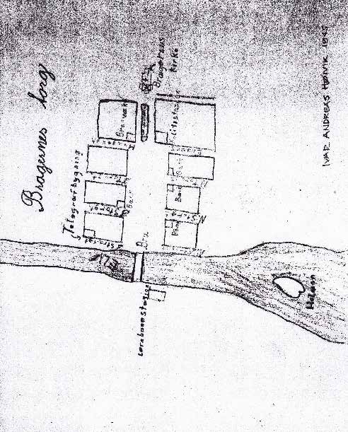 Figur18. Drammen med en ung byplanleggers øyne og strek. [Illustrasjon: Siv.ark. Ivar Andreas Høivik, åtte år i 1945} Det er da det kommer fra Sigurd, som selv kommer fra Trondheim, at her kan vi bo.