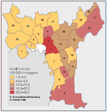 Disse pasientene er unge (median alder 30 år) og mange er hiv-positive. Det er denne pasientgruppen som forårsaker ulik tuberkuloseinsidens i bydelene i Oslo, se figur B. Figur A.