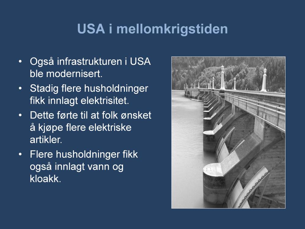 I 1920-årene foregikk det en modernisering av infrastrukturen i USA. Man kan til en viss grad si at landet ble elektrifisert idet flere områder ble koblet til det elektriske nettet.