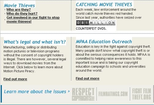 Skjermbilde 1: Utsnitt fra MPAAs hjemmeside (http://www.mpaa.org, 16.06.2007) Bevegelsen Boycott RIAA står i sterk opposisjon til hva bransjen hevder om fildeling.