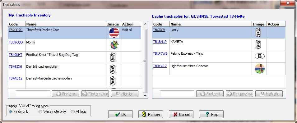 Registrere sporbare GSAK kan også logge sporbare du tar med på besøk, legger igjen eller plukker opp. For å legge til sporbare trykker du på «Trackables»-knappen, GSAK vil da spørre geocaching.