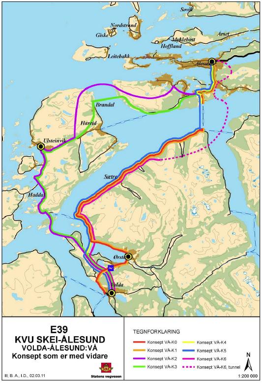 Planprogram - E39 Flytebruløsning mellom Hareid og Sula 14 - Rute 4a E39 Skei-Moa (Ålesund) - Rute 4b E39 Moa (Ålesund) Bergsøy - Rute 4b E39 Bergsøy-Betna Det er rute 4a, mellom Skei og Ålesund som