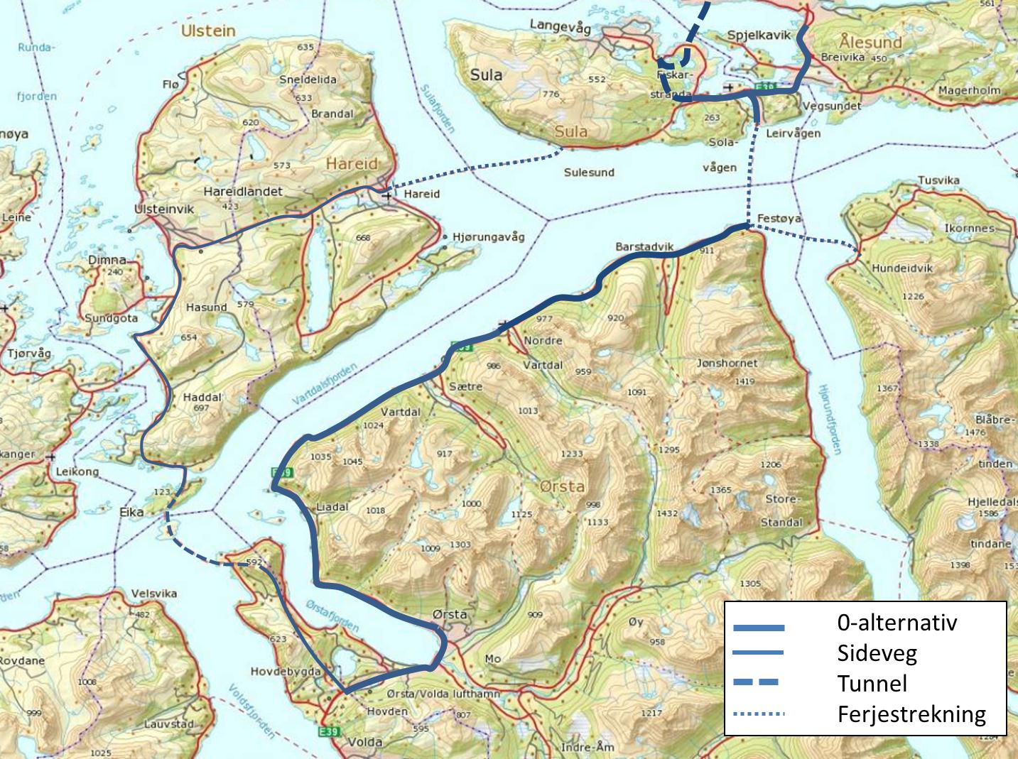 Planprogram - E39 Flytebruløsning mellom Hareid og Sula 20 5 BESKRIVELSE AV PLANLAGTE TILTAK 5.1 Beskrivelse av utredningsalternativene 5.1.1 0-alternativet 0-alternativet er sammenligningsgrunnlaget for utredningsalternativene.