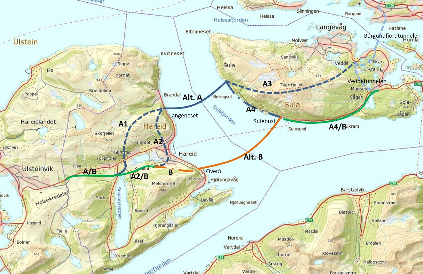 Planprogram - E39 Flytebruløsning mellom Hareid og Sula 21 Nullalternativet som er skissert i konseptvalgutredningen for strekningen er konsept VÅ-K0, som omfatter dagens E39 Volda - Ålesund med