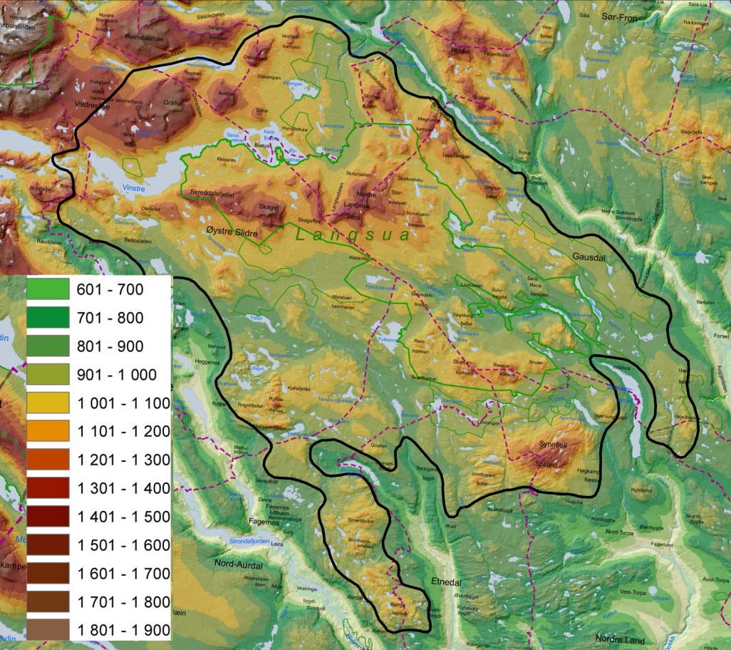 2.1 Natur Terreng: Granskingsområdet omfattar det store fjellplatået mellom Valdres og Gausdal. Dette er eit roleg fjellterreng der det meste av arealet ligg mellom 900 1100 moh (64 %).