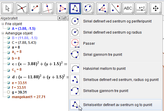 Sett på «verdi» for at lengden til linjestykket skal vises på figuren. Tegner to sirkler med sentrum i A og B og med radius = 8.