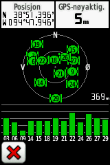 Ekstra verktøy Satellittposisjoner Dashbord Høyde over havet Satellittstyrke Satellittside De grønne linjene viser GPSsatellittstyrke.