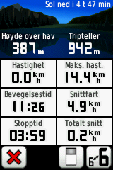 Tripcomputer Tripcomputeren viser gjeldende hastighet, gjennomsnittlig hastighet, maksimal hastighet, tripteller og annen nyttig statistikk. Trykk på et felt for å endre det som vises i dette feltet.