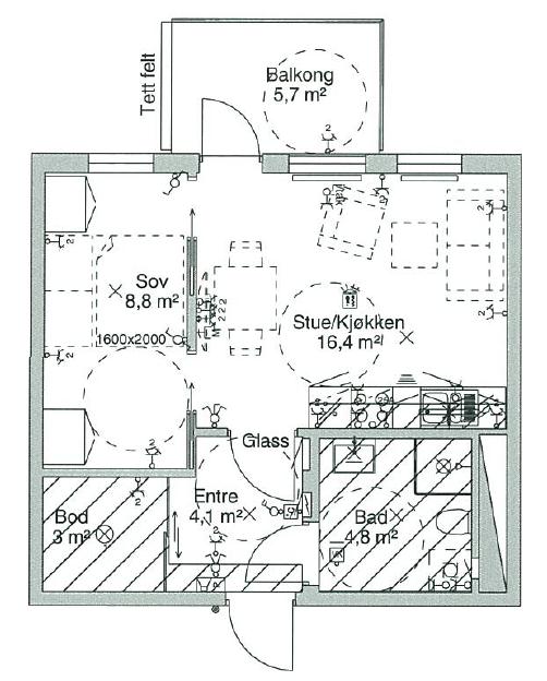 2-roms med to sengeplasser. BRA 40m2 (44 m2) Leilighet prosjektert ihht TEK 10 (6,7x6,0 m) med 40 m2 BRA.