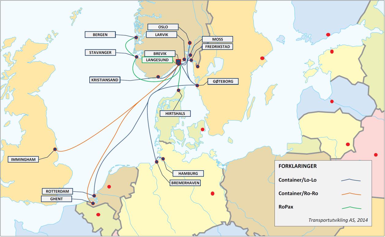 Faste sjø-forbindelser over Grenland havn IKS. I tillegg kommer bulklast fra alle verdensdeler, som fraktes direkte over private havneanlegg til de store bedriftene.