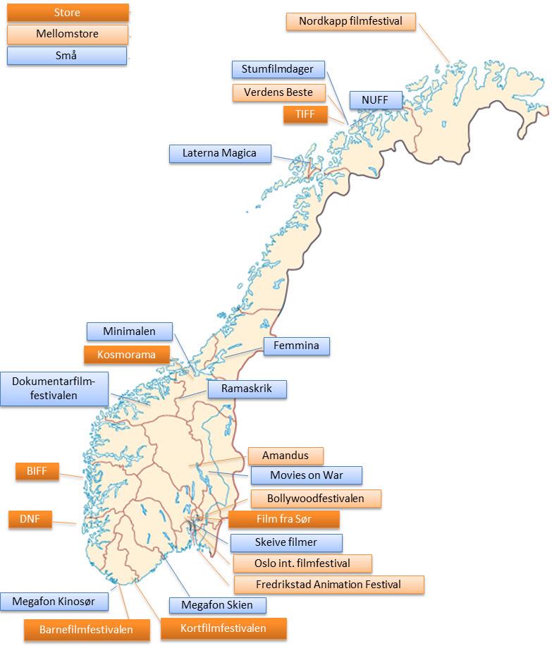 50 000 besøkende, til mindre nisjefestivaler med bare et par tusen besøkende. Figur 2.1 viser hvordan filmfestivalene er spredt over hele landet. Figur 2.1: Oversikt over norske filmfestivaler, gruppert etter størrelse Tabell 2.