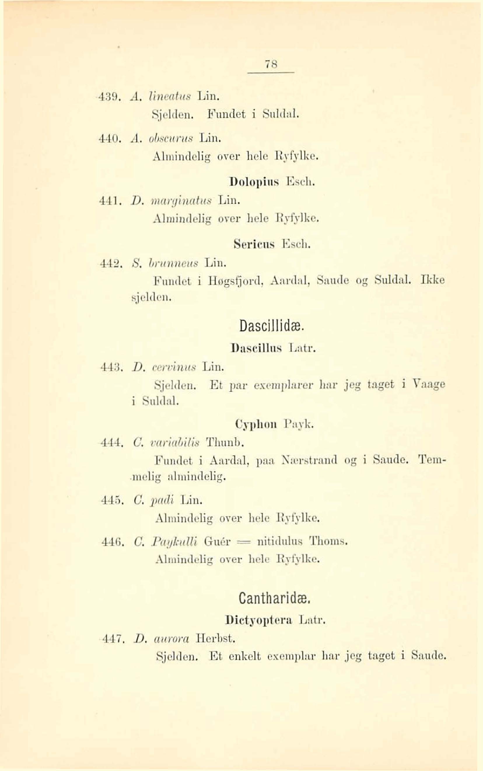 440. A. obsmtus Lin, Aimindelig over hele Ryfylke. Dolapina Esch. 441, D, fiturgi~iati~ Tjn. Almindelig ofer hele Ryfylke. Haricm Escli. 442, 8. bi*~tnncus Lin.