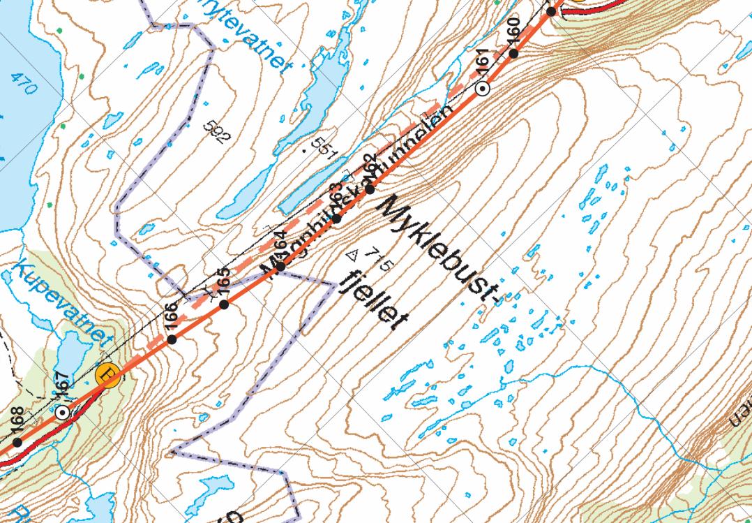 KVT/REB/2014/R074 Figur 2 Oversikt over ledningstrasé ved kommunegrensene mellom Flora og Bremanger vest for Myklebustfjellet.