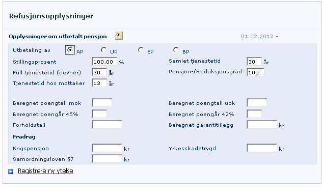 Side 2 Krav om refusjon: Egenpensjon Når Krav om refusjon er valgt, vil man på side 2 fylle inn informasjon om utbetalt tjenestepensjon.