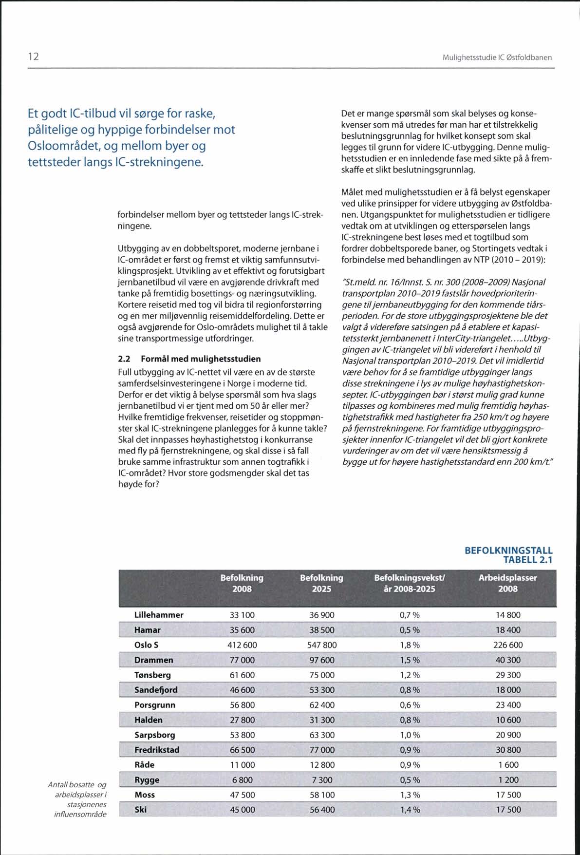 12 Mulighetsstudie le Østfoldbanen Et godt IC-tilbud vil sørge for raske, pålitelige og hyppige forbindelser mot Osloområdet, og mellom byer og tettsteder langs IC -strekningene.