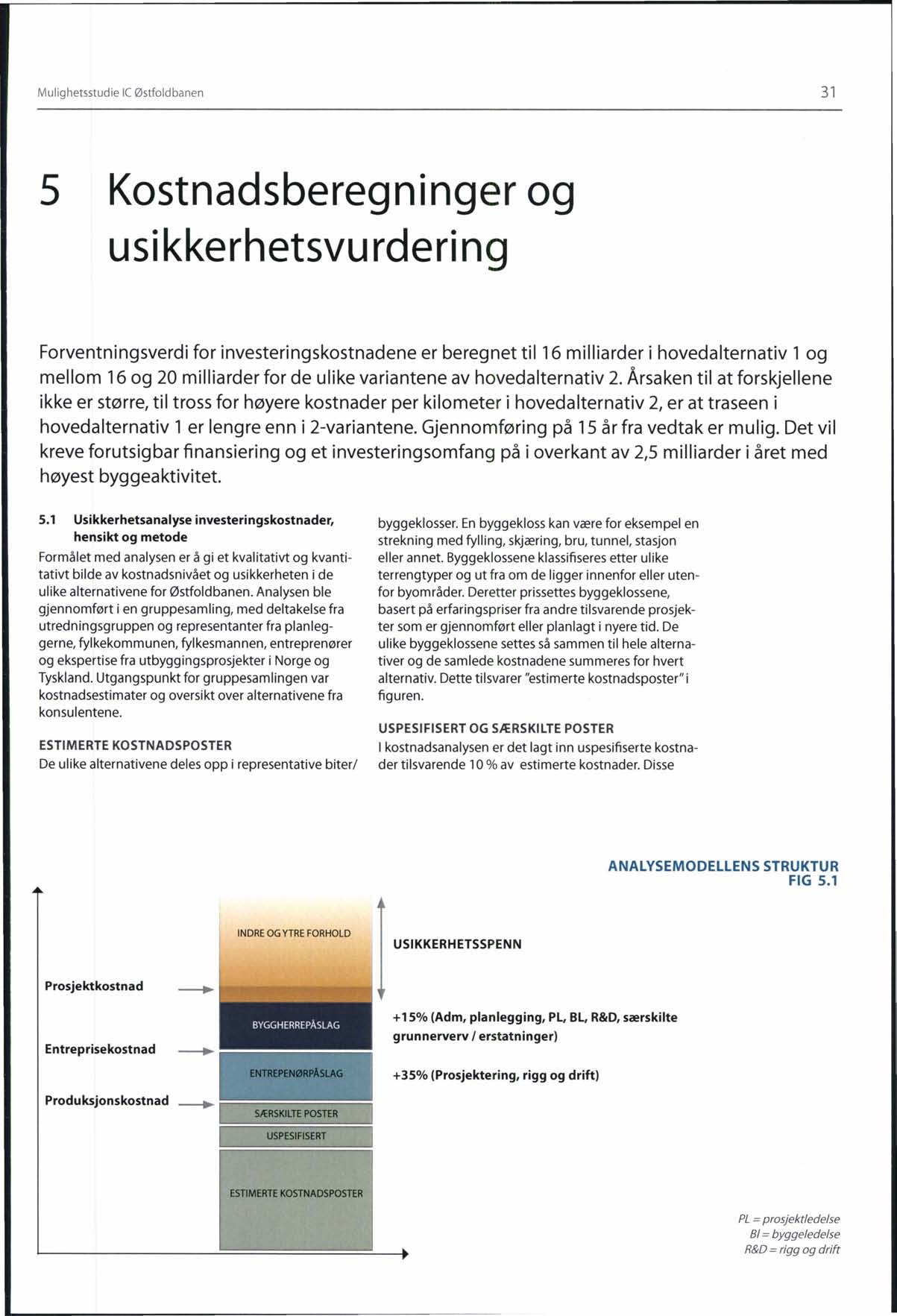 Mulighetsstudie le Østfoldbanen 31 5 Kostnadsberegninger og usi kkerhetsvu rderi ng Forventningsverdi for investeringskostnadene er beregnet til 16 milliarder i hovedalternativ 1 og mellom 16 og 20