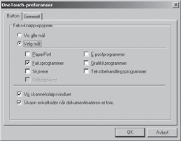 Velge mål: Dersom du vil knytte funksjonen Skanne til til et annet program enn Paper Port, kan du velge et annet program som skanneresultatet standardmessig skal importeres til.