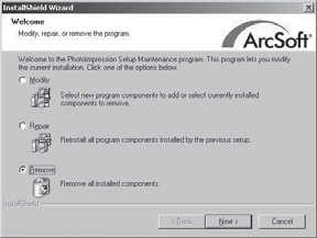 4. Deinstallere drivere og programvare 3 Datamaskinen forbereder deinstalleringen. Markér Fjern for å slette maskindriverne.