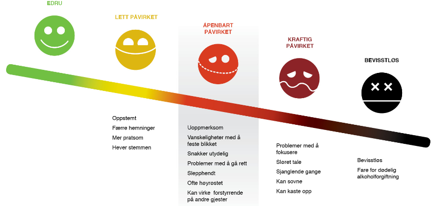 Figur 4. Helsedirektoratets oversikt over ulike grader av beruselse. Graderingen ble lagt til grunn for instruksjon av skuespillerne.