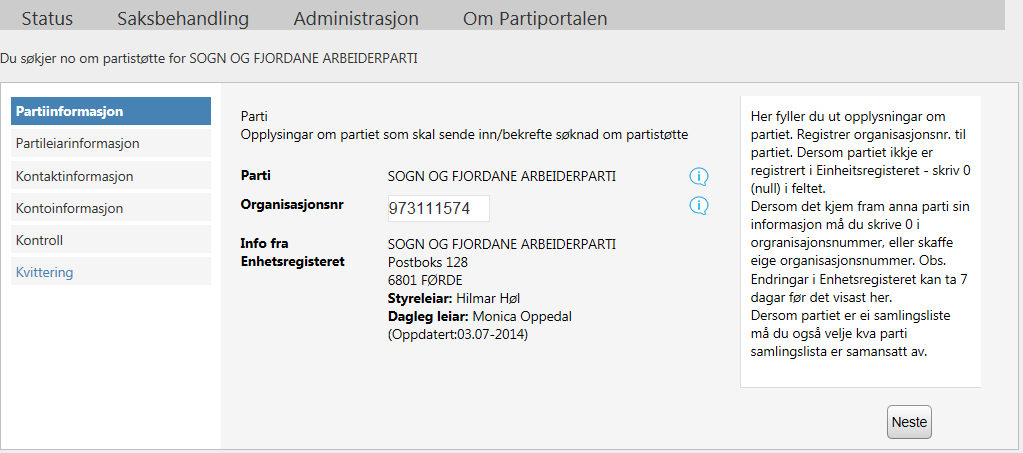 Partiinformasjon kjem opp automatisk.