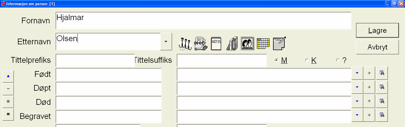 Eventuelt kan jeg trykke på knappen for sentralt kilderegister på hovedverktøylinjen Jeg fant informasjon om oldefar Hjalmar Olsen i Aurskog Bygdebok, bind 1, side 130.