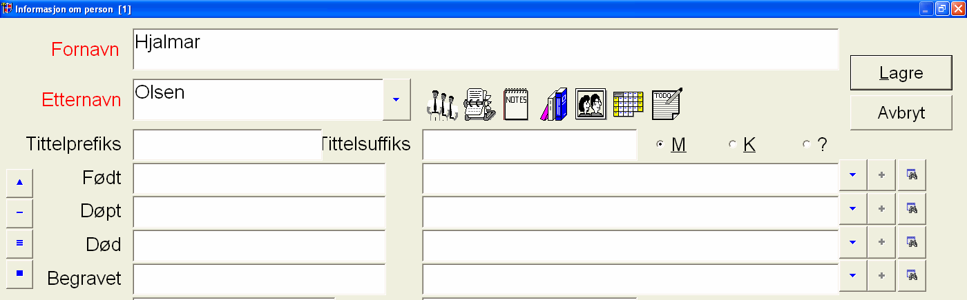 Kildeikonet har også nå fått farge. Da klikker jeg Lagre og har da fått registrert min første person i Legacy J 3.6.