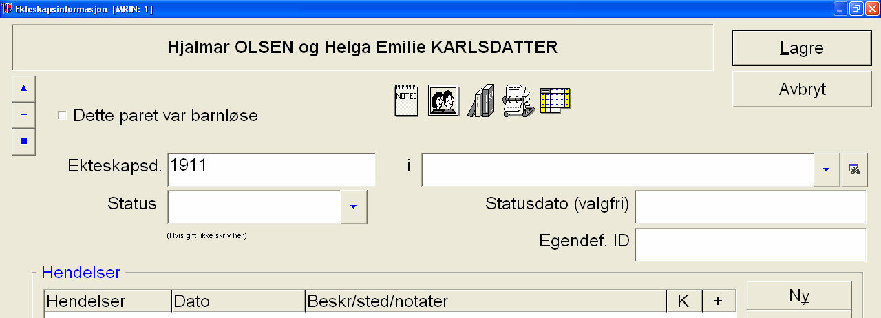 Jeg har valgt å ikke lage noen kildehenvisning til denne datoen fra bygdeboka. Trykk Lagre. 3.8. Registrering av barn Familievinduet ser nå slik ut.