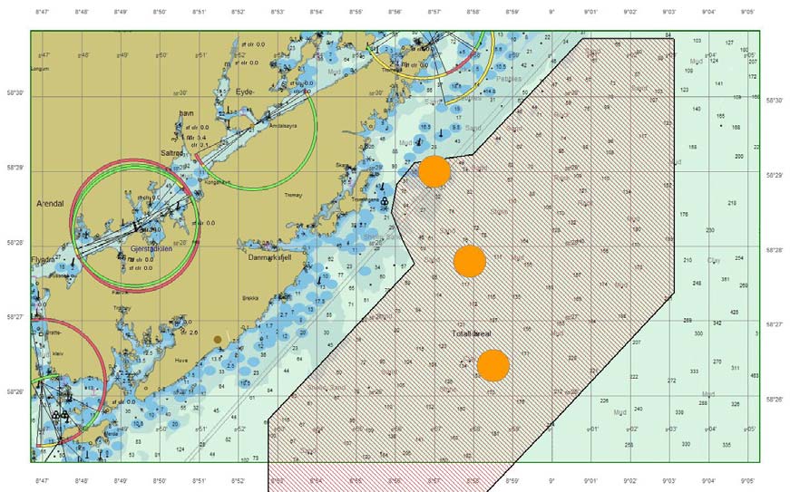 Figur 2.3 viser hvor strømriggene ble satt ut i området. Målet var å danne seg et bilde av strømforholdene i hele operasjonsområdet. Strømrigg nr.