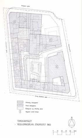 Stadfesta reguleringsplan 1962. Bebyggelse 1974. Kjelde: (Nistov red 1975).