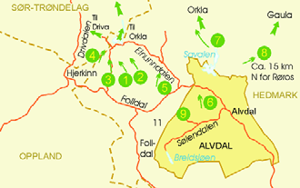 til Einunndalen, breoverflate i bresjønivå i til pass vest og passhøyde gitt Folldalstrakten, Einundalen, nord for m o.h. gitt i m o.h. gitt i m o.h. Einunndalen Gjennom Bekkelægret 1115 m o.h. til Driva, gjennom Fundin 1060 m Raudbergsskaret, o.