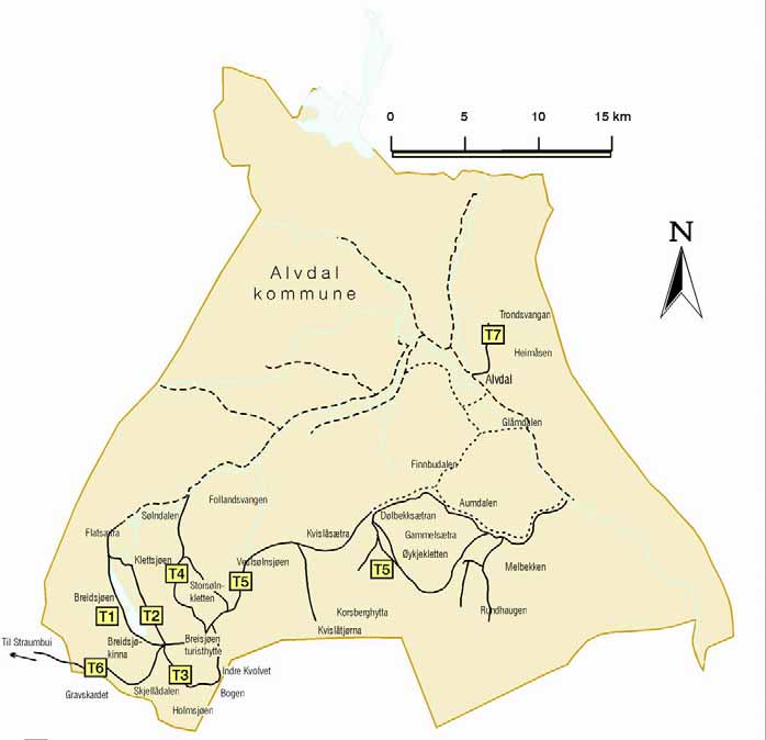 GRÅSTEINEN 4 SIDE 31 Turløyper i Alvdalsområdet Turstiene tar utgangspunkt i veinettet og er merket rute T1, T2, osv.