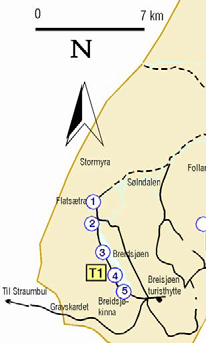 GRÅSTEINEN 4 SIDE 32 Tursti T1 Flatsætra - Breidsjøens vestside - Breisjøseter turisthytte Fra parkeringsplassen ved Flatsætra følger rute T1 merket sti gjennom et område preget av hauger og rygger