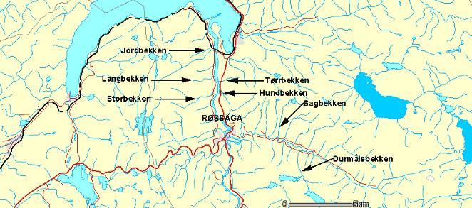 Sidebekkene til Røssåga og Leirelva i Hemnes som ble undersøkt B.