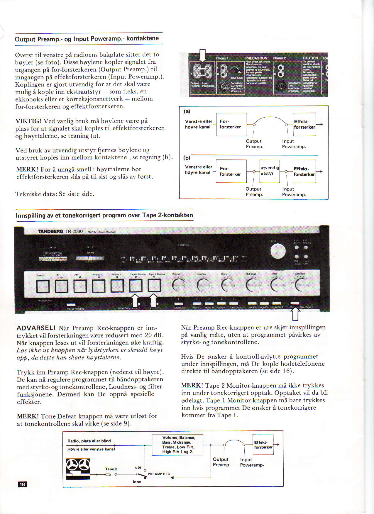 Output Preamp.- og Input Poweramp.' kontaktene Overst til venstre p: mdioens bakplate sittcr det to boyler (se foto). Disse boylene kopler signalct fra utgangen pa for-forsterkeren (Output Preamp.