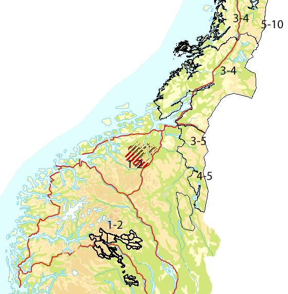 I figur 7 og 8 har vi presentert reintettheten i form av kart for Nord- og Sør-Norge.