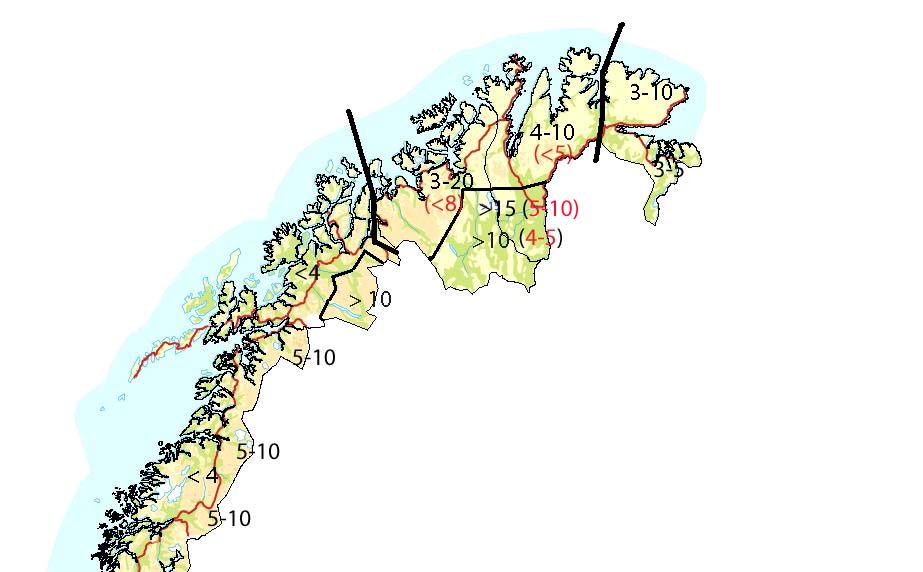 mangfold. Figur 7. Reintetthet rein/km 2 i Sør- og Midt-Norge. Skravert område viser områdene til reinbeitedistriktet i Trollheimen.