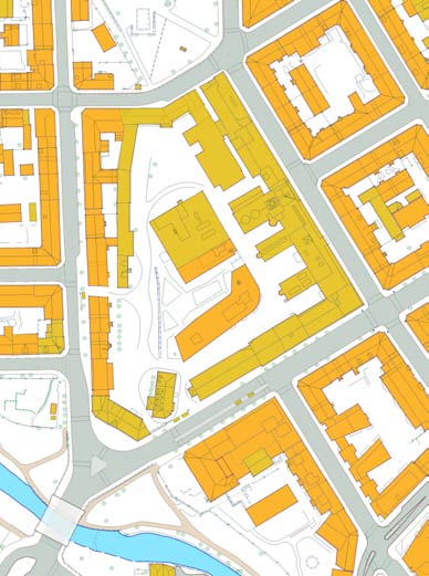 1. Sokkelen, formet som en bølge, lar bygulvet flyte over lokket. 2. Bygningskroppen krager ut i sør, støttet opp av asymmetrisk plasserte søyler. 3.