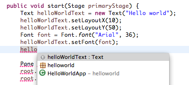 Lek litt med koden over. Prøv f.eks. å endre verdiene som styrer teksten ( new Text(...) ), plassering ( setlayoutx(...) og setlayouty(...) ), skriftstypen ( Font.font(.