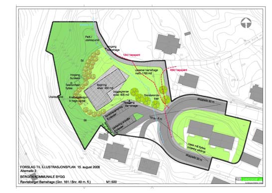 Barnehage på Ravneberget Barnehagen på ravneberget skal bygges for 64 barn, 28 under tre år og 36 over tre år. Dette medfører et behov for netto leke og oppholdsareal på ca 300 m2.