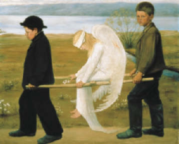 Hugo Simberg: Såret engel, 1903. forkaster den evige fortapelse, så må jeg samtidig forkaste Jesu klare ord, og si at Jesus har tatt feil.