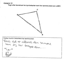 Vinkler vi det motsatt vil en elev som ikke klarer hele b) heller ikke klare d) og dermed favoriseres den flinke. Figur 3: Hvorfor i all verden skal eleven tegne eller konstruere tre nye trekanter?