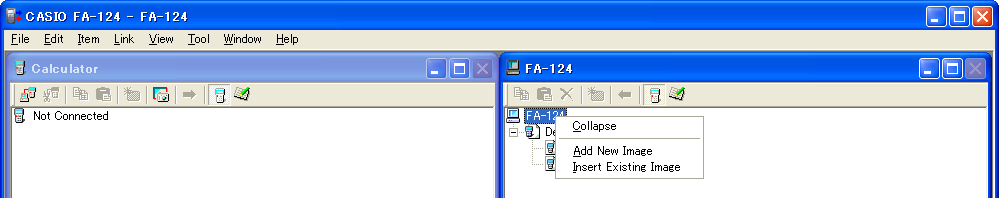 3. Overføre data mellom en datamaskin og en kalkulator i fx-9860g-serien/fx-9750gii/fx-7400gii k Høyreklikke FA-124 Expand/Collapse Viser/skjuler det valgte flash-bildet eller minnebildet.