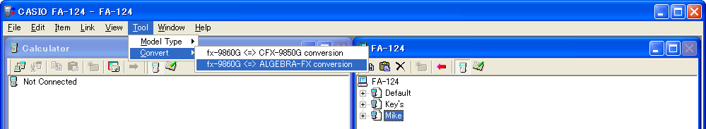 6. Konvertere data k Konvertere data mellom fx-9860g-serien-format og formatet på ALGEBRA FX-, CFX-9850G- eller fx-7400g-seriene u Konvertere fra fx-9860g serien/fx-9750gii/fx-7400gii til ALGEBRA FX-