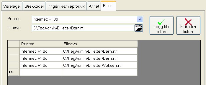 Følgende koder kan benyttes i disse mal-filene: Kode Betydning <%NR> Billettnummer <%CO> Utsalgspris <%TX> Navn på produktet <%DT> Dagens dato <%KL> Klokkeslett billetten skrives ut