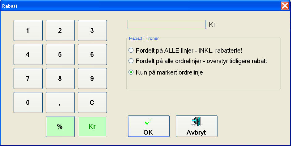 Standard er at rabatt kun skal gis på den markerte linjen i salgsbildets kassalapp, men du kan overstyre dette: Rabatt i KRONER: Du kan fordele rabatten du oppgir på alle varelinjer.