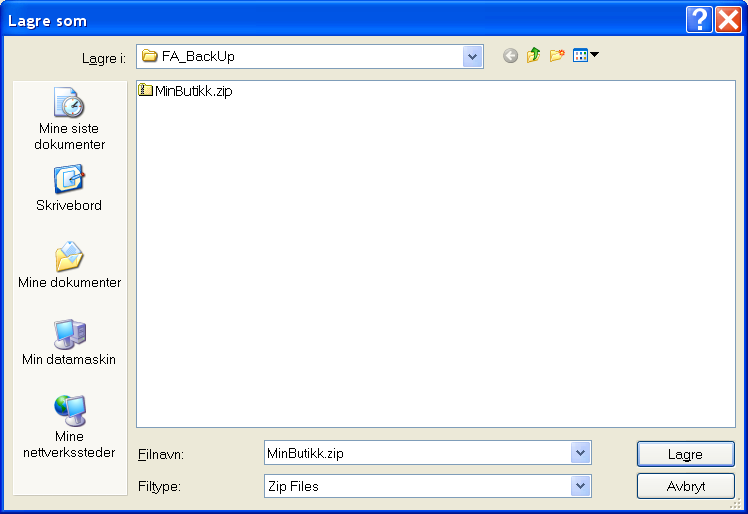 romme sikkerhetskopi i oppsettet, filmappen FA_BackUp med filnavn MinButikk.zip.